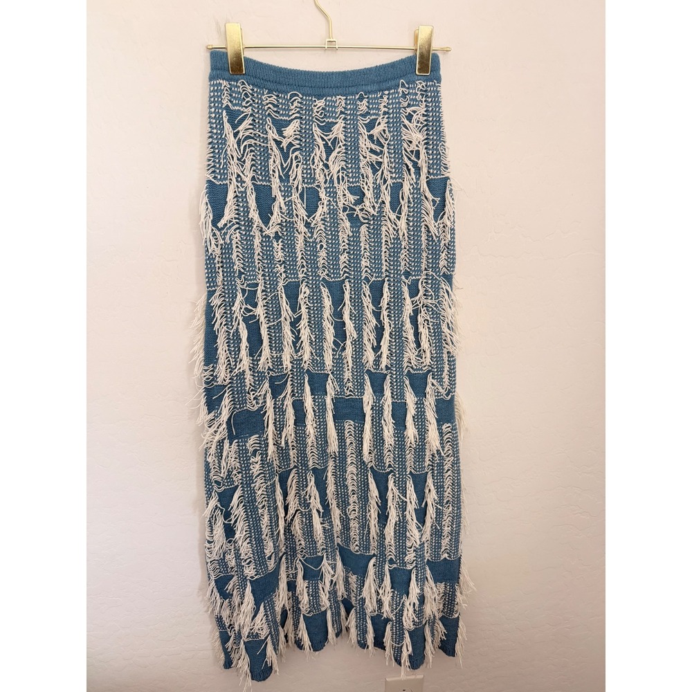 Ulla Johnson Blue White Fringe Knit Midi Skirt Size P NWT Avant Garde Western